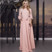 Load image into Gallery viewer, 2021 Sping Summer Vintage Solid Lantern Sleeve Maxi Long Dress Ladies O Neck Elegant Party Dress Women Casual Bow Sashes Dress