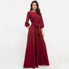 Load image into Gallery viewer, 2021 Sping Summer Vintage Solid Lantern Sleeve Maxi Long Dress Ladies O Neck Elegant Party Dress Women Casual Bow Sashes Dress