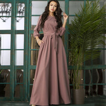 Load image into Gallery viewer, 2021 Sping Summer Vintage Solid Lantern Sleeve Maxi Long Dress Ladies O Neck Elegant Party Dress Women Casual Bow Sashes Dress
