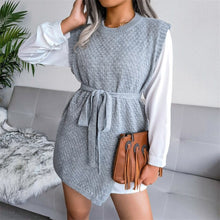 Load image into Gallery viewer, 2021 Spring Autumn Elegant Commute Tie-Up Belt Mini Dress Fashion Sleeveless Vest Dress Women O-Neck Knit Solid Tank Slit Dress