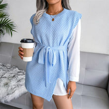 Load image into Gallery viewer, 2021 Spring Autumn Elegant Commute Tie-Up Belt Mini Dress Fashion Sleeveless Vest Dress Women O-Neck Knit Solid Tank Slit Dress
