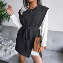 Load image into Gallery viewer, 2021 Spring Autumn Elegant Commute Tie-Up Belt Mini Dress Fashion Sleeveless Vest Dress Women O-Neck Knit Solid Tank Slit Dress