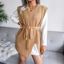Load image into Gallery viewer, 2021 Spring Autumn Elegant Commute Tie-Up Belt Mini Dress Fashion Sleeveless Vest Dress Women O-Neck Knit Solid Tank Slit Dress