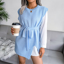 Load image into Gallery viewer, 2021 Spring Autumn Elegant Commute Tie-Up Belt Mini Dress Fashion Sleeveless Vest Dress Women O-Neck Knit Solid Tank Slit Dress