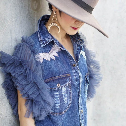 2021 Spring Cropped Fringe Denim Jacket Waistcoat Jeans Women Patchwork Blue Oversized Crop Sequin Coat Gothic Jean Jackets