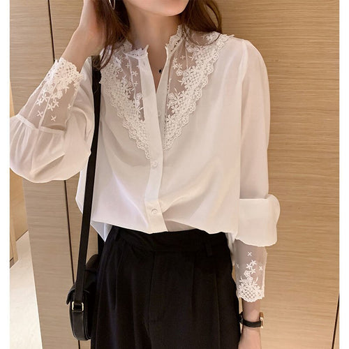 2021 Spring Fashion Button Up Lace Shirt Vintage Blouse Women White Black Lady Long Sleeves Female Loose Street Shirts Oversized
