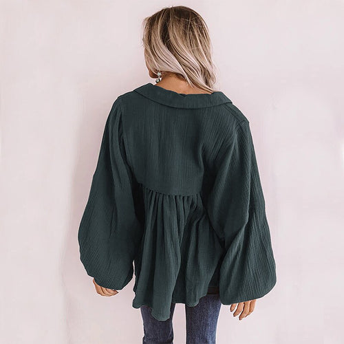 2021 Spring Fashion Solid Shirt Women Casual Loose Turn Down Collar Lantern Long Sleeve Pullover Blouse Lady New Vintage Blouse