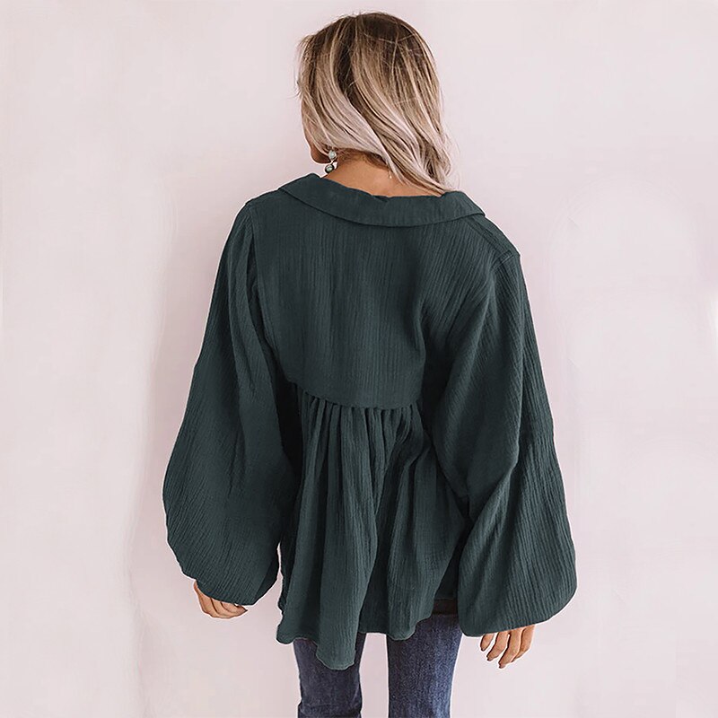 2021 Spring Fashion Solid Shirt Women Casual Loose Turn Down Collar Lantern Long Sleeve Pullover Blouse Lady New Vintage Blouse