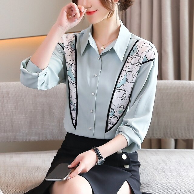 2021 Spring Long Sleeve Chiffon Blouse Shirt Fashion Elegant Loose Office Lady Shirt Patchwork Plus Size Female Tops