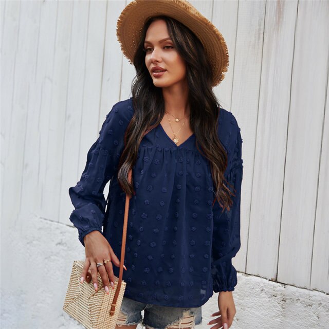 2021 Spring New Chiffon Blouse Women Fashion V Neck Full Sleeve Summer Blouse Shirt Tops For Women Casual Solid Color