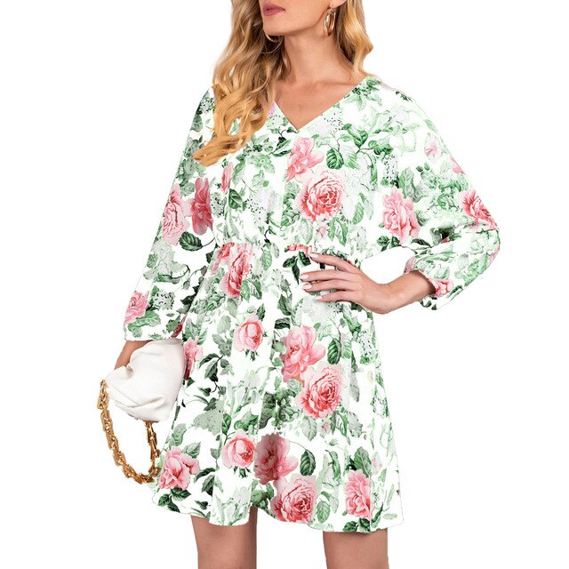 2021 Spring New Fashion Women Dress Floral Print Vestidos Sexy V Neck Long Sleeve Batwing Sleeve High Waist Slim Fit Mini Dress