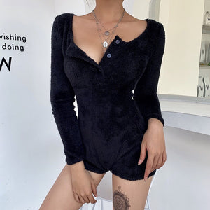 2021 Spring New Fleece Bodysuit Women Sexy Solid Button Full Sleeve Rompers Ladies Summer Cosy Bodysuit Tops