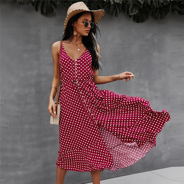 2021 Spring New Polka Dot Spaghetti Strap Dress Women Casual V Neck Holiday Style Bandage Dress Ladies High Wasit Summer Dresses