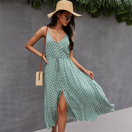 2021 Spring New Polka Dot Spaghetti Strap Dress Women Casual V Neck Holiday Style Bandage Dress Ladies High Wasit Summer Dresses