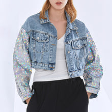 Load image into Gallery viewer, 2021 Spring New Sexy Fashion Sequin Jeans Woman Patchwork Jacket Women Splicing Short Coat Cropped Denim Top Gothic Clothes