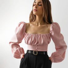 Load image into Gallery viewer, 2021 Spring New Sexy Square Collar Top Women Casual Solid Color Full Sleeve Shirring Slim Ladies Button Short Pullover Tops