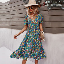 Load image into Gallery viewer, 2021 Spring New Short Sleeve Floral Dress Women Casual High Waist Sexy V Neck Print Dress For Woman Summer Knee Length Dress
