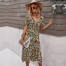 Load image into Gallery viewer, 2021 Spring New Short Sleeve Floral Dress Women Casual High Waist Sexy V Neck Print Dress For Woman Summer Knee Length Dress