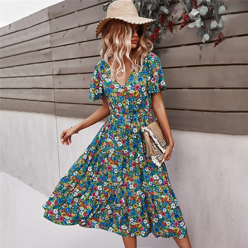 2021 Spring New Short Sleeve Floral Dress Women Casual High Waist Sexy V Neck Print Dress For Woman Summer Knee Length Dress