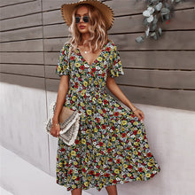 Load image into Gallery viewer, 2021 Spring New Short Sleeve Floral Dress Women Casual High Waist Sexy V Neck Print Dress For Woman Summer Knee Length Dress