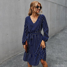 Load image into Gallery viewer, 2021 Spring New Vintage Striped Dress Women Casual V Neck Long Sleeve Sashes Dress Lady Elegant Fashion A-Line Midi Length Dress