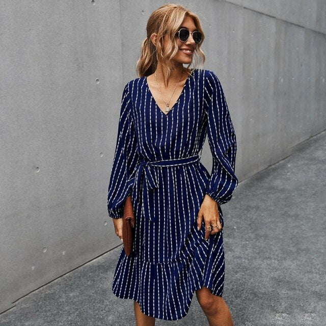 2021 Spring New Vintage Striped Dress Women Casual V Neck Long Sleeve Sashes Dress Lady Elegant Fashion A-Line Midi Length Dress