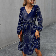 Load image into Gallery viewer, 2021 Spring New Vintage Striped Dress Women Casual V Neck Long Sleeve Sashes Dress Lady Elegant Fashion A-Line Midi Length Dress