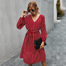 Load image into Gallery viewer, 2021 Spring New Vintage Striped Dress Women Casual V Neck Long Sleeve Sashes Dress Lady Elegant Fashion A-Line Midi Length Dress