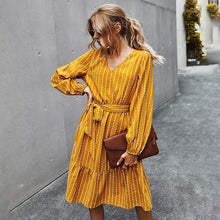 Load image into Gallery viewer, 2021 Spring New Vintage Striped Dress Women Casual V Neck Long Sleeve Sashes Dress Lady Elegant Fashion A-Line Midi Length Dress