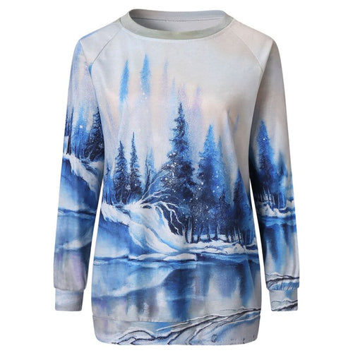 2021 Spring New Women's Landscape Printed Large Long Sleeve T-shirt Befree Harajuku Vintage Modis Tumblr Plus Size Tops Gothic