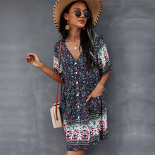 Load image into Gallery viewer, 2021 Spring Print Short Dress Women Casual V Neck Bohemian Short Sleeve Dress For Woman Fashion Sexy Summer Dress