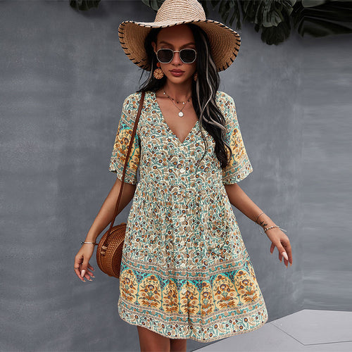 2021 Spring Print Short Dress Women Casual V Neck Bohemian Short Sleeve Dress For Woman Fashion Sexy Summer Dress