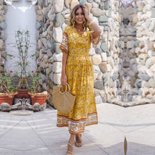 Load image into Gallery viewer, 2021 Spring Summer Beach Dress Women Casual V Neck Short Sleeve High Waist Pleated Print Long Dresses Ladies Yellow