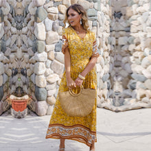 Load image into Gallery viewer, 2021 Spring Summer Beach Dress Women Casual V Neck Short Sleeve High Waist Pleated Print Long Dresses Ladies Yellow