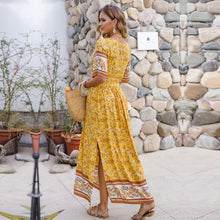 Load image into Gallery viewer, 2021 Spring Summer Beach Dress Women Casual V Neck Short Sleeve High Waist Pleated Print Long Dresses Ladies Yellow