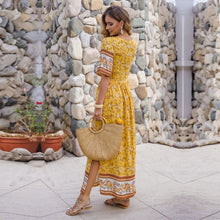 Load image into Gallery viewer, 2021 Spring Summer Beach Dress Women Casual V Neck Short Sleeve High Waist Pleated Print Long Dresses Ladies Yellow