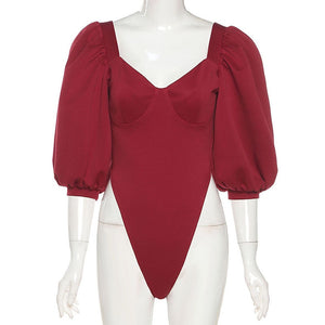 2021 Spring Summer Casual Red Black Cute Lantern Sleeve Bodysuits Women Rompers Fashion Sexy Skinny Jumpsuits Female Body Tops