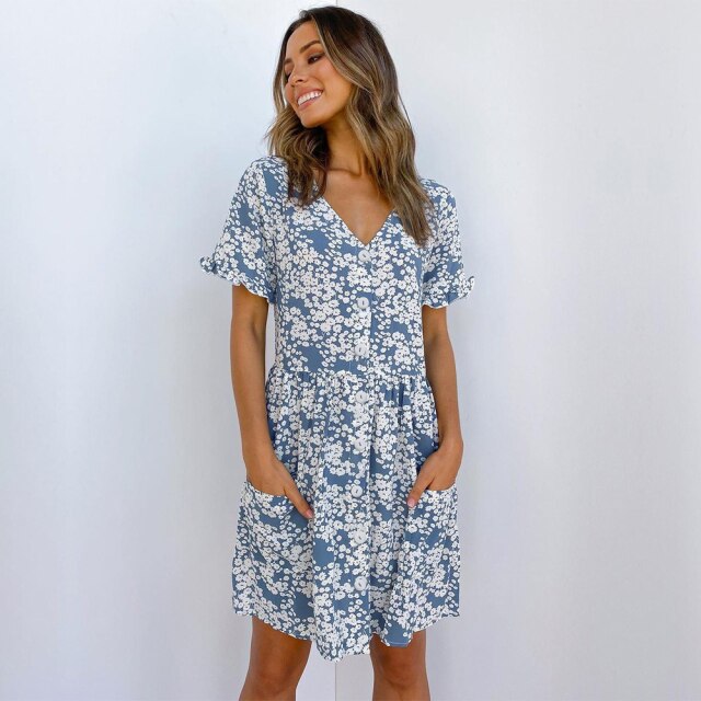 2021 Spring Summer New Floral Short Dress Women V Neck  Single Breasted High Waist Print Ladies Slim Button Dot Dresses