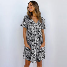Load image into Gallery viewer, 2021 Spring Summer New Floral Short Dress Women V Neck  Single Breasted High Waist Print Ladies Slim Button Dot Dresses