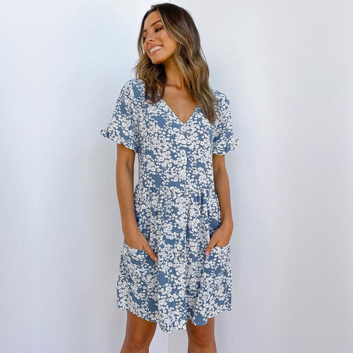 2021 Spring Summer New Floral Short Dress Women V Neck  Single Breasted High Waist Print Ladies Slim Button Dot Dresses