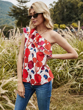 Load image into Gallery viewer, 2021 Spring Summer Sexy Floral One Shoulder Top For  Women Kawaii Ladies Red Tiered Ruffle Open Back Flower Print Blouse
