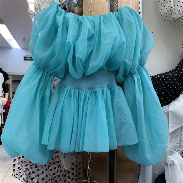 2021 Spring Summer Sexy Slash Neck Chiffon Blouses Women's Elegant Ladies Fashion Puff Sleeve Casual Sweet Top