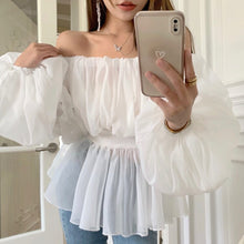 Load image into Gallery viewer, 2021 Spring Summer Sexy Slash Neck Chiffon Blouses Women&#39;s Elegant Ladies Fashion Puff Sleeve Casual Sweet Top