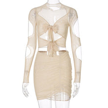 Load image into Gallery viewer, 2021 Spring Summer Solid With Sleeves Hollow Out Net Yarn Suit Dress Sheath Drawstring