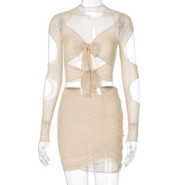 2021 Spring Summer Solid With Sleeves Hollow Out Net Yarn Suit Dress Sheath Drawstring