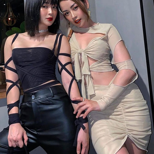 2021 Spring Summer Solid With Sleeves Hollow Out Net Yarn Suit Dress Sheath Drawstring