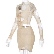 Load image into Gallery viewer, 2021 Spring Summer Solid With Sleeves Hollow Out Net Yarn Suit Dress Sheath Drawstring