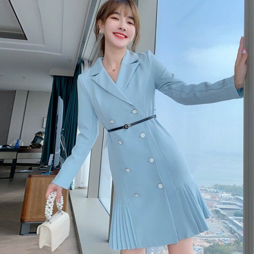 2021 Spring Vintage Blazer Dresses For Women Double Breasted Slim Pleated Elegant Office Ladies Dress With Belt Femme