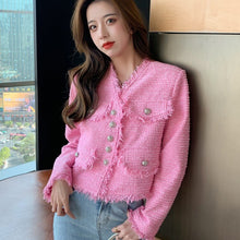 Load image into Gallery viewer, 2021 Spring Vintage Women Single-Breasted Pink Tweed Coat Elegant Fashion V-Neck Long Sleeve Tassel Outwear Femme