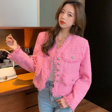 Load image into Gallery viewer, 2021 Spring Vintage Women Single-Breasted Pink Tweed Coat Elegant Fashion V-Neck Long Sleeve Tassel Outwear Femme